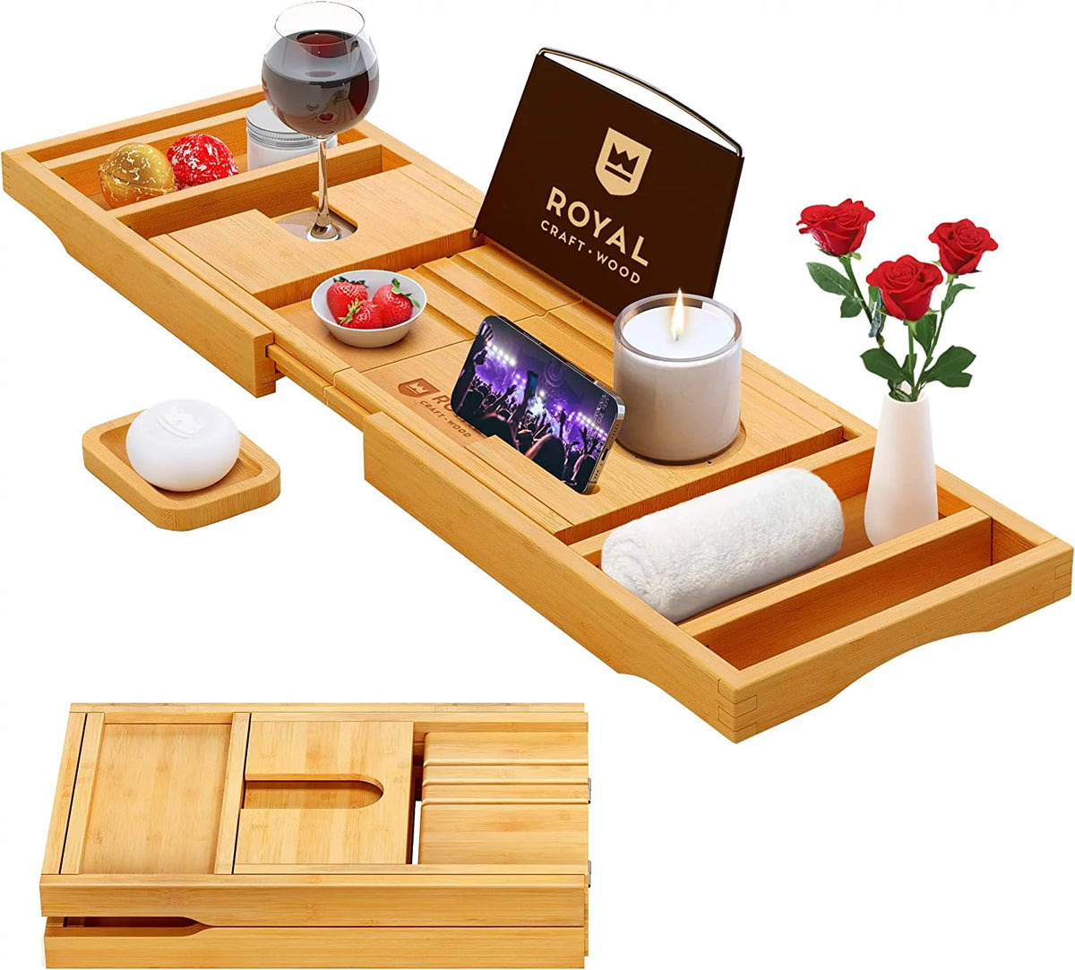 Foldable Bamboo Bathtub Caddy Tray with Extending Sides L843024