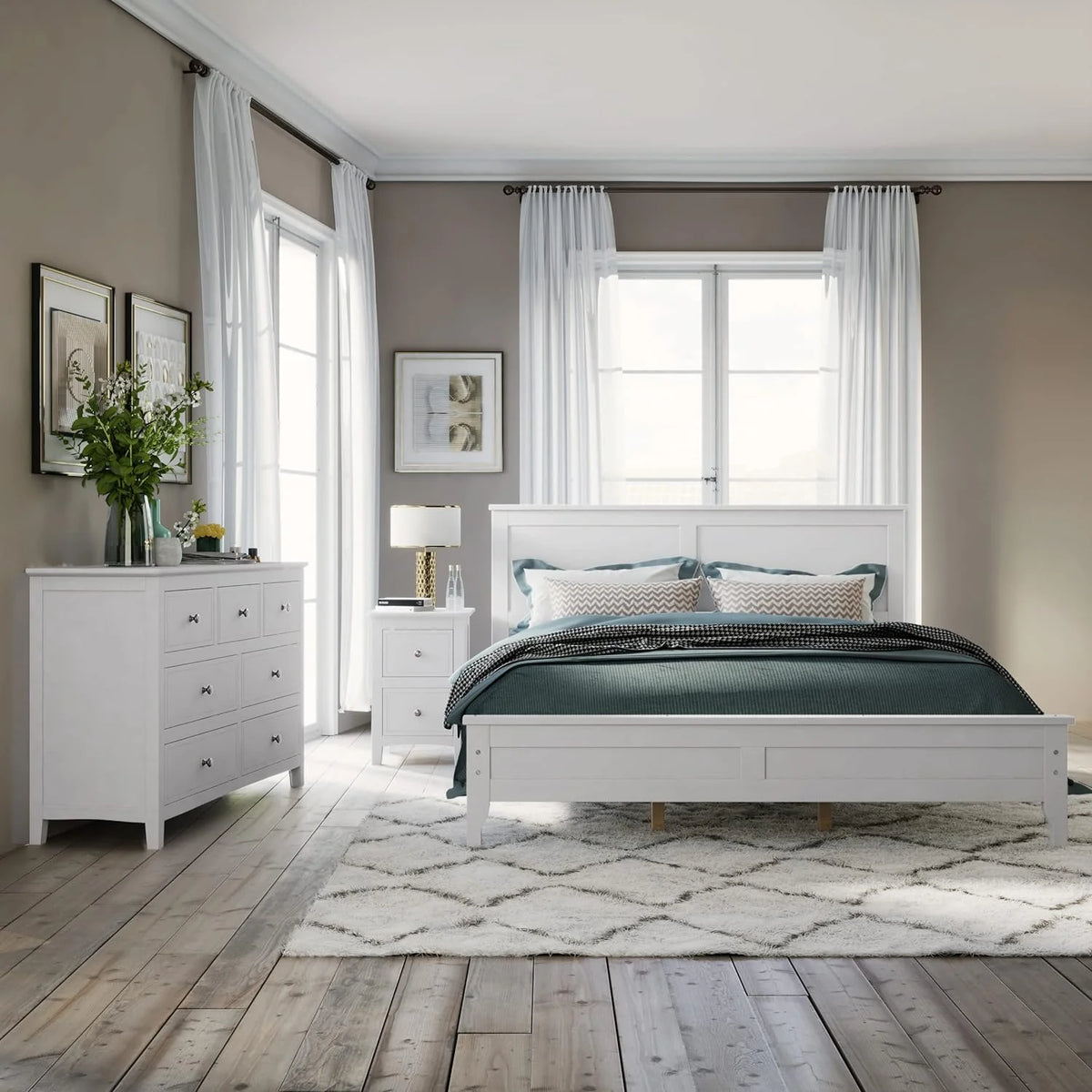 3 Piece Wood Bedroom Furniture Set with Queen Size Bed, Nightstand and Dresser O258