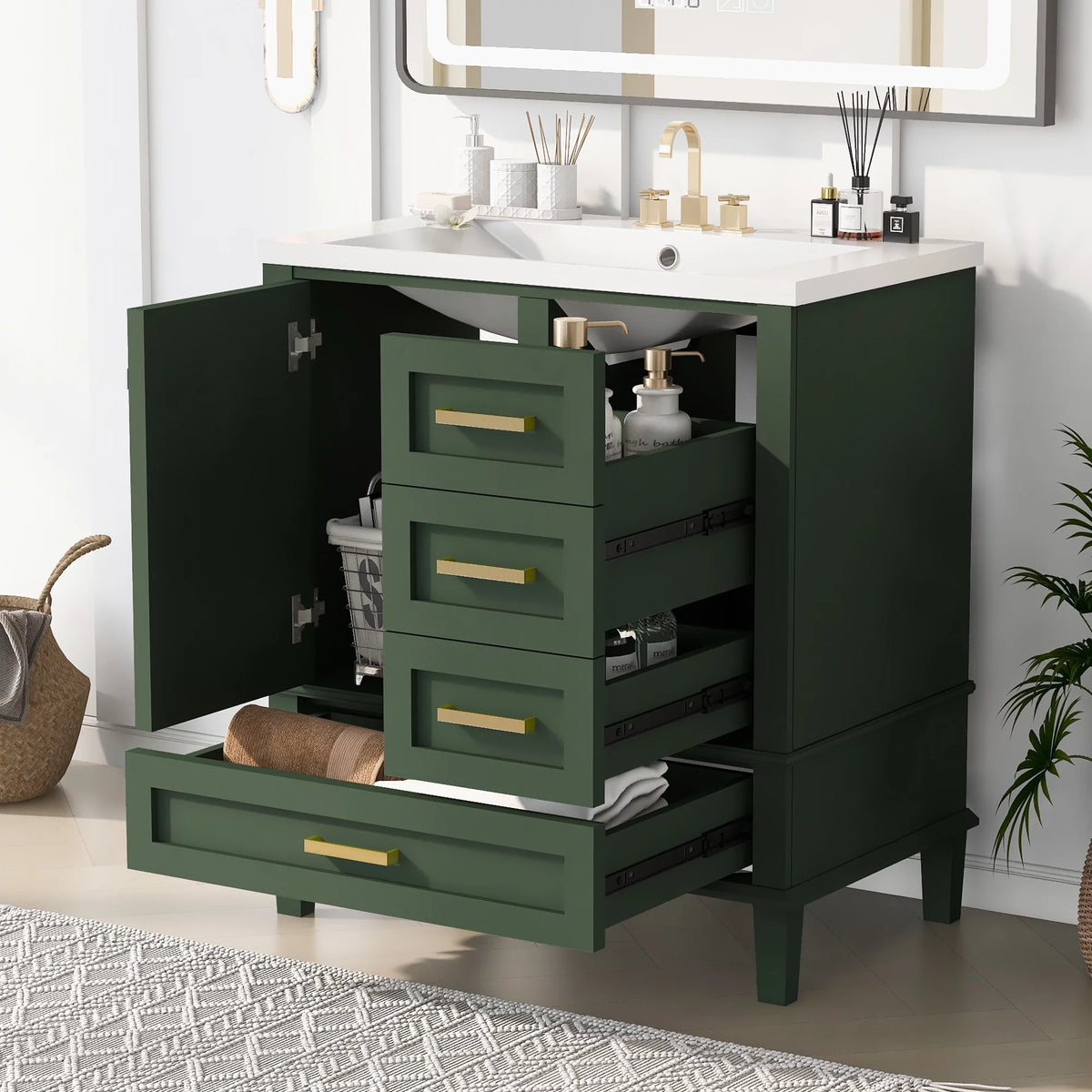30" Green Solid Wood Bathroom Vanity with Top Basin and 3 Drawers D3415