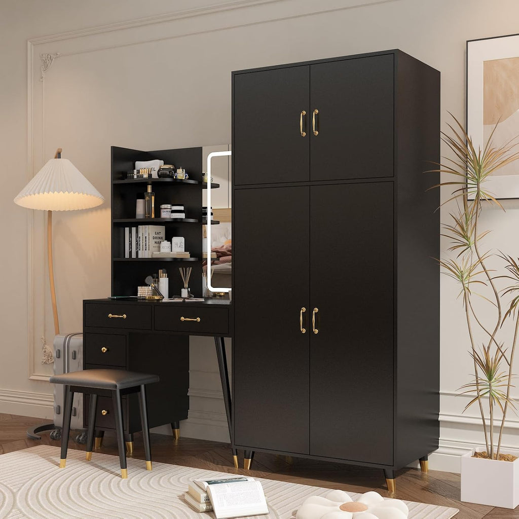 Black Vanity Desk with 4 Door Closet, Lights Mirror, Stool Set, Storage Cabinet 170 x 50 x 185CM V19908