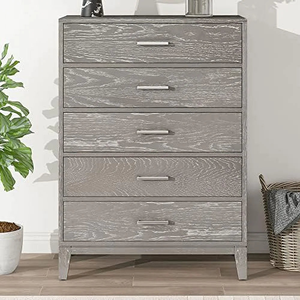 Grey 5-Drawer Dresser Chest of Drawers with Metal Handles O635