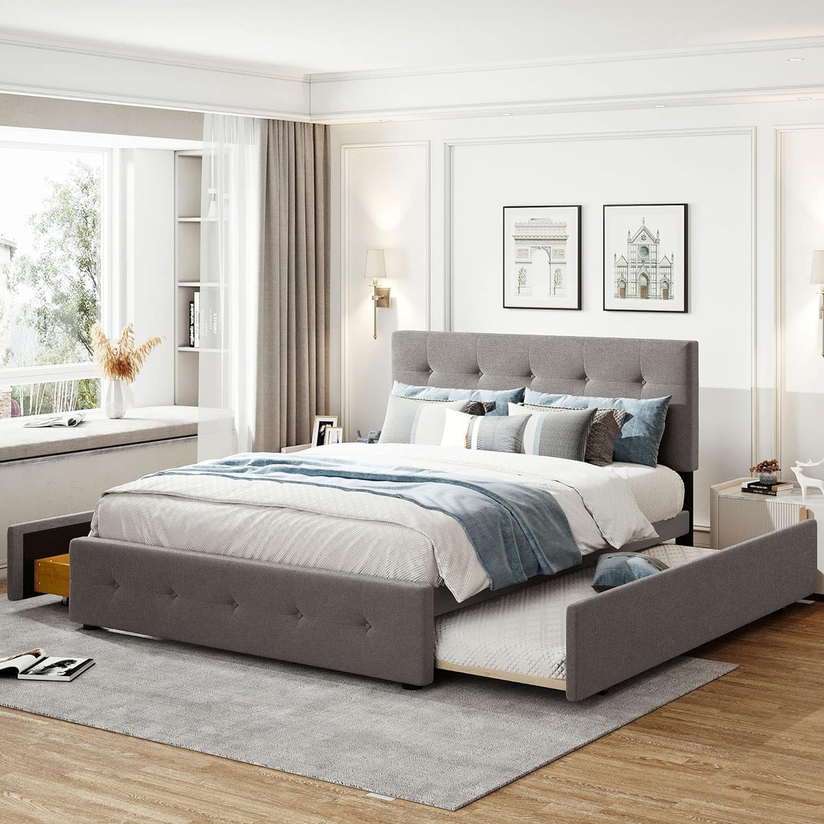 Light Gray Upholstered Platform Bed with Drawers Z52108