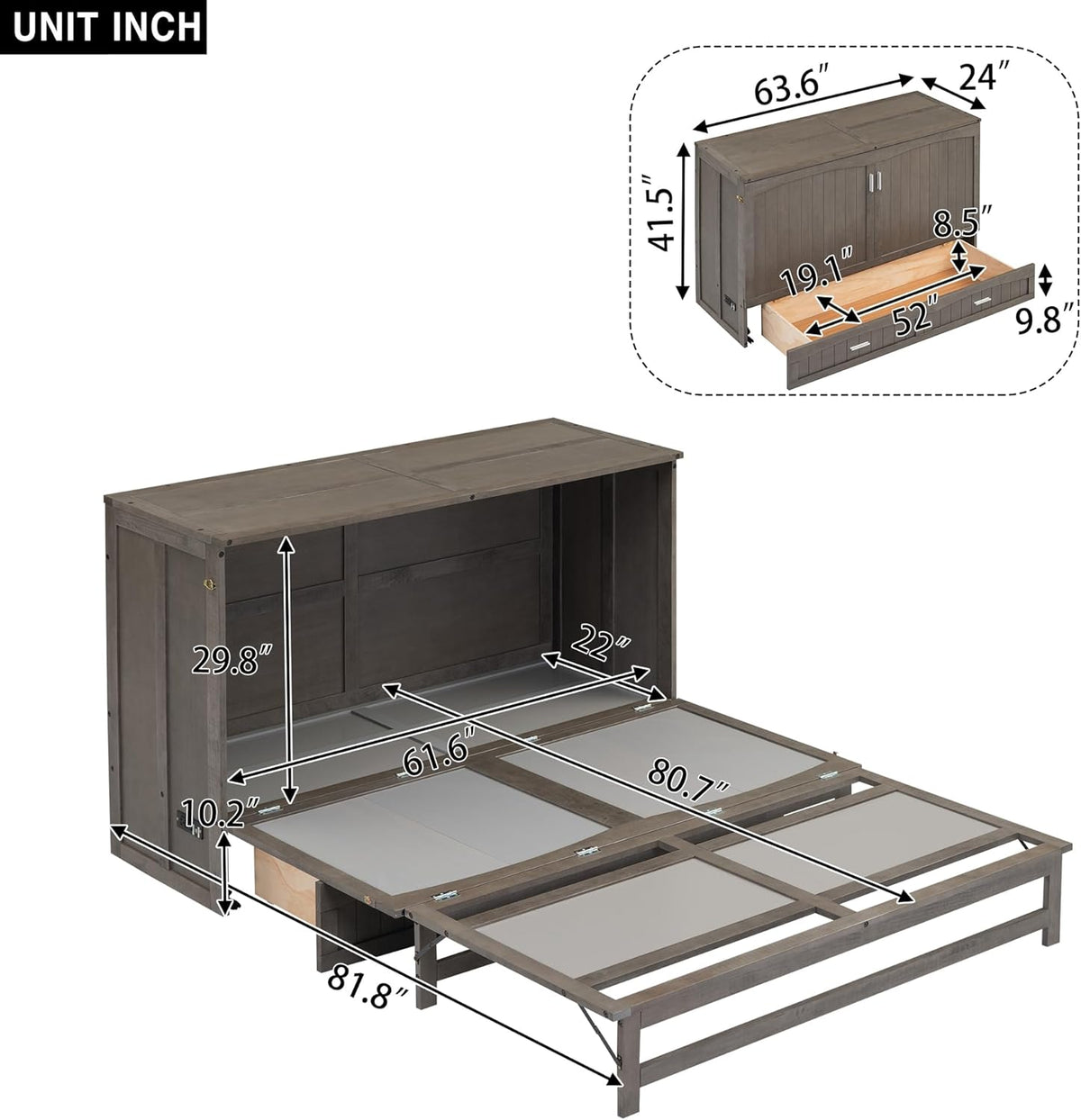 Queen Murphy Bed Cabinet with Drawer and Charging Station G9934