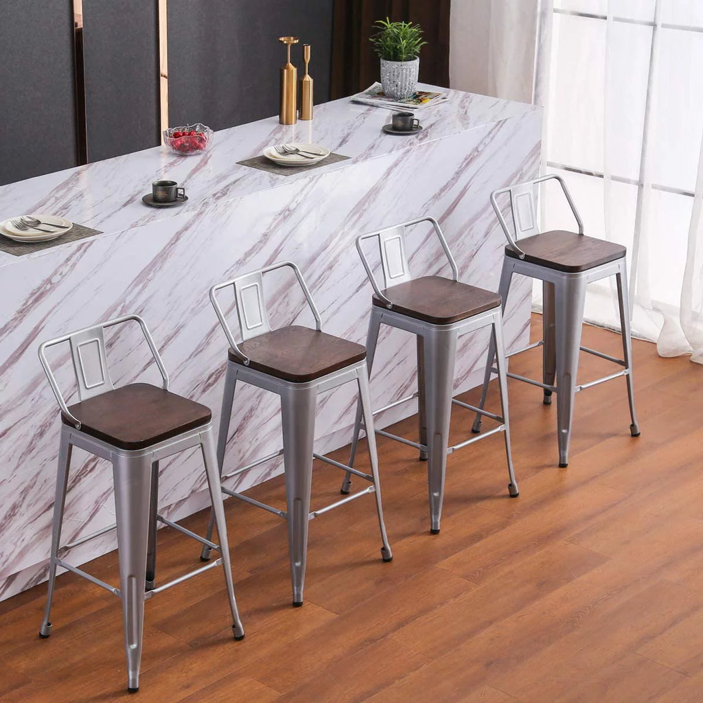Metal Bar Stools Set of 4 24" Silver Wood Top Low Back X217650