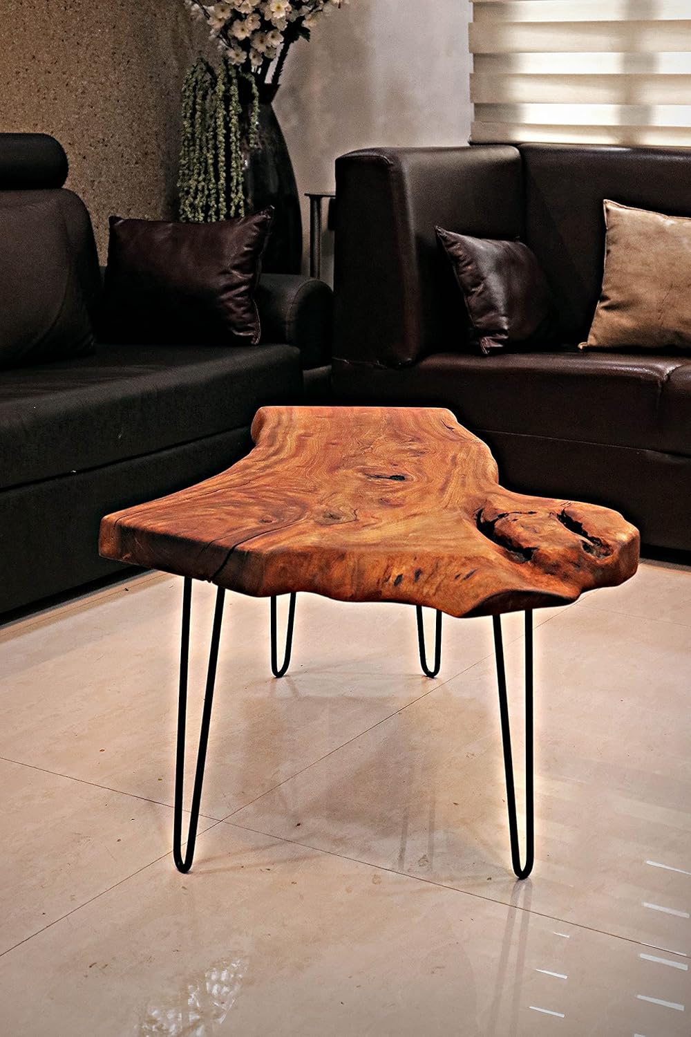 Natural Wood Edge Teak Coffee Table with Clear Lacquer Finish and Metal Hairpin Legs L557186