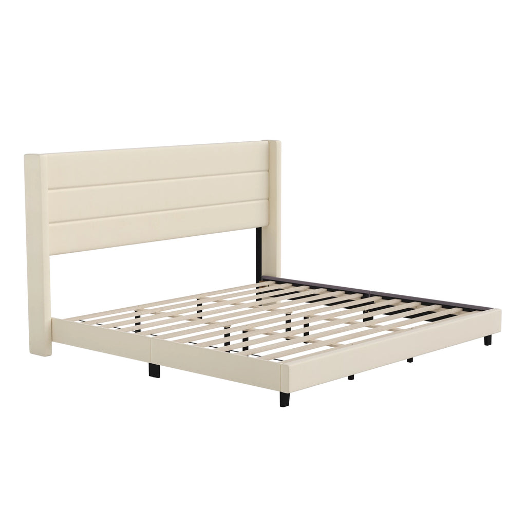 King Platform Bed with Beige Faux Linen Upholstered Headboard P403