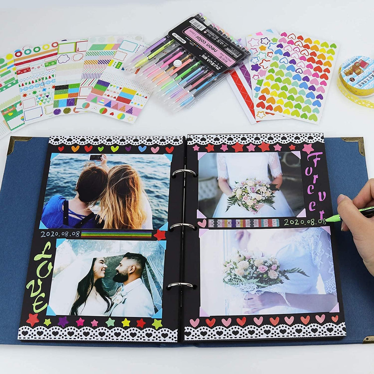 60 Pages Hardcover 8.5x11 Inches 3 Rings Removable Black Paper Scrapbook Photo Album Kit B447