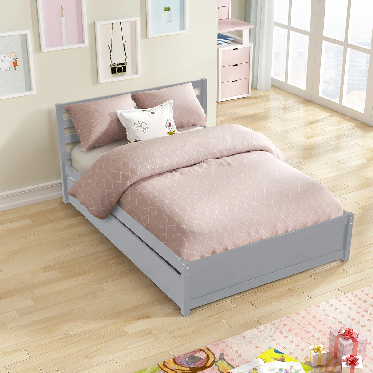 Solid Wood Full Size Platform Bed with Trundle and Headboard Q27929