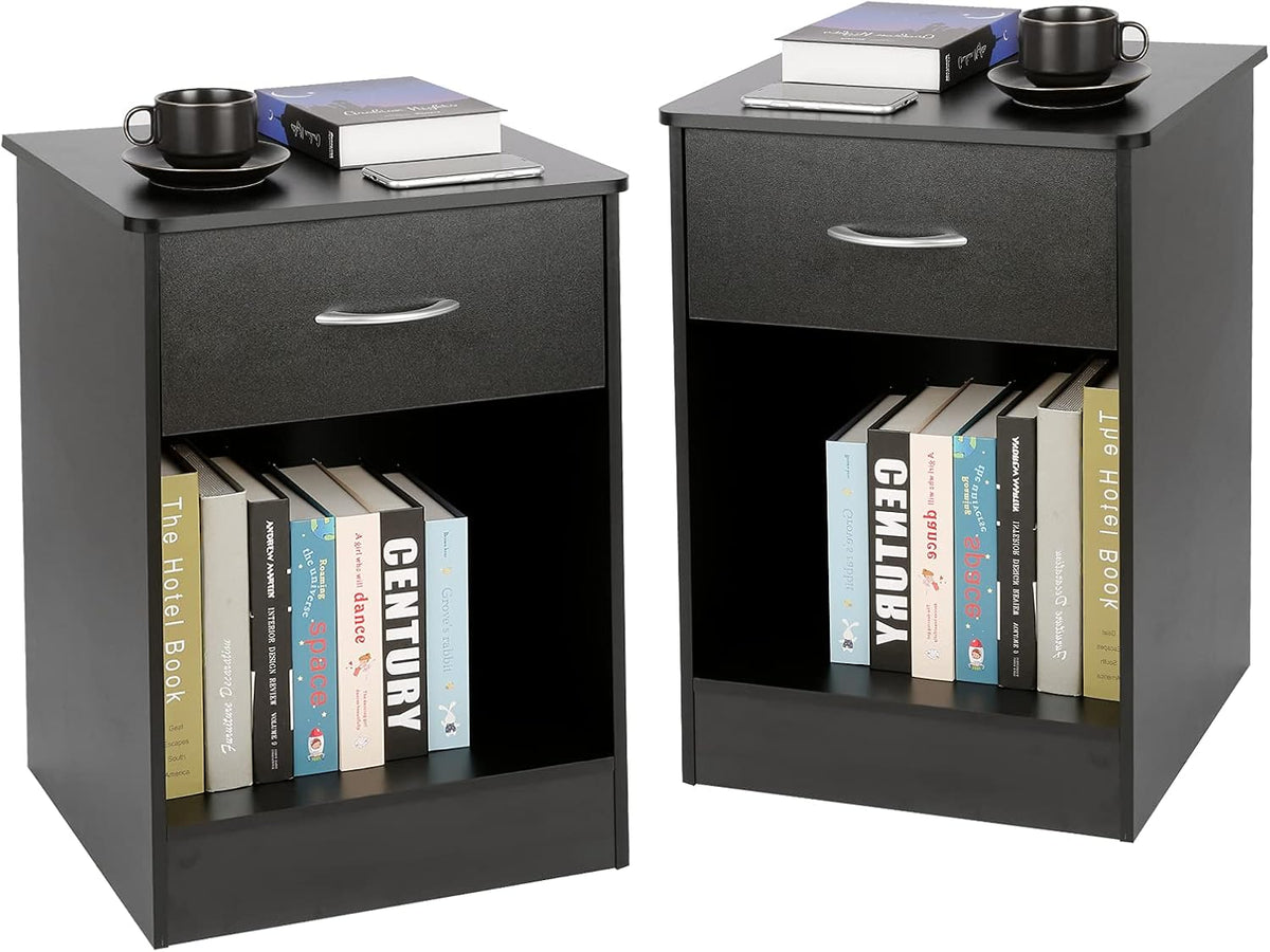 Black Nightstand with Drawers and Shelf A572302