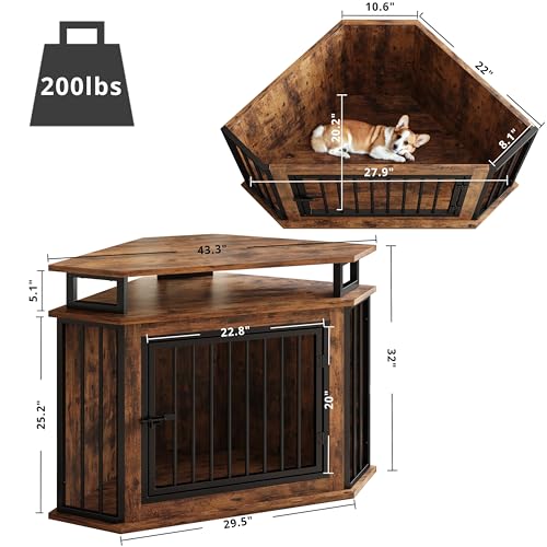 Rustic Brown Corner Wooden Dog Crate with 2-Tier Shelves C660
