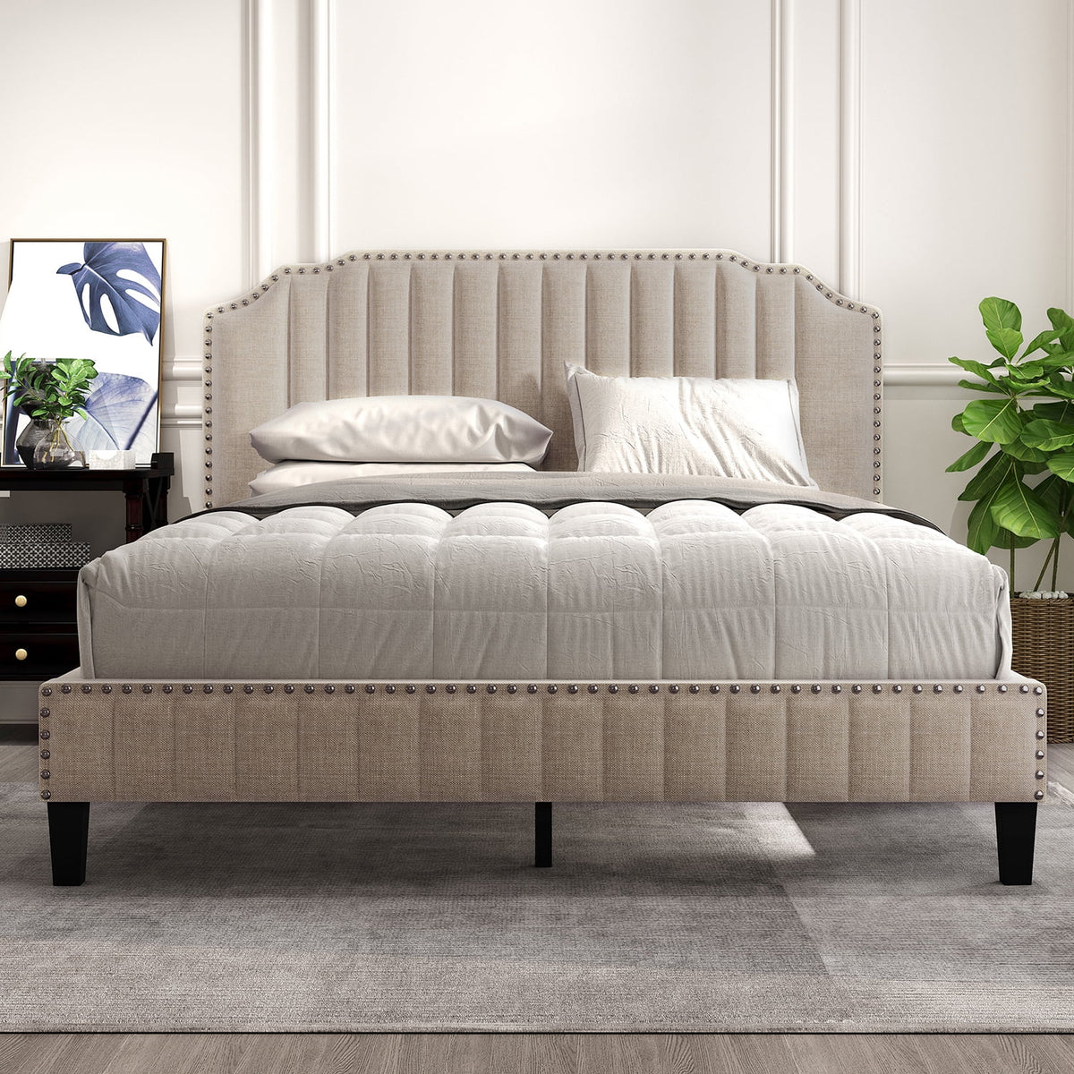 Beige Queen Size Linen Upholstered Platform Bed Frame with Wood Slats Q828373