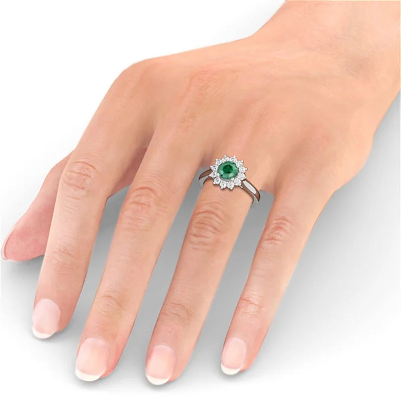14K White Gold Floral Halo Round Cut Diamond Engagement Ring W831