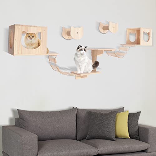 Wall-Mounted Cat Climber Set with Cat Wall Shelves, Scratching Posts, Condo House, Ladder, Perches N673