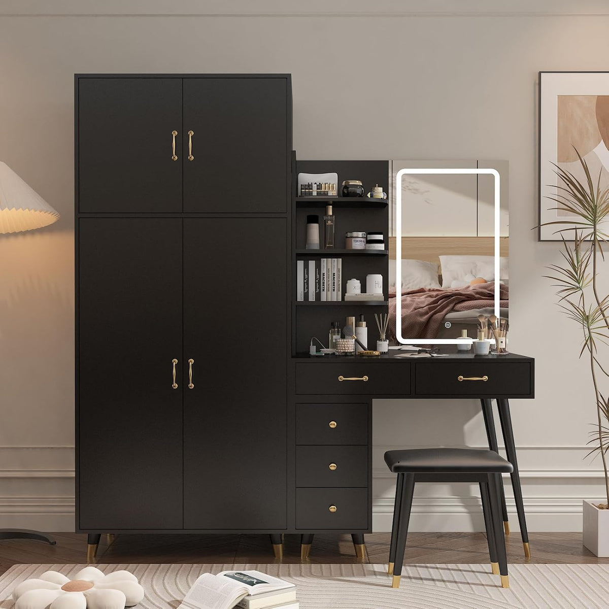 Black Vanity Desk with 4 Door Closet, Lights Mirror, Stool Set, Storage Cabinet 170 x 50 x 185CM V19908
