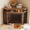 Rustic Brown Corner Wooden Dog Crate with 2-Tier Shelves C660