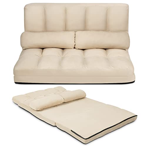 Blue Floor Sofa with 2 Pillows, Foldable 6-Position Adjustable Metal Frame Suede Fabric W423339