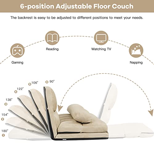 Blue Floor Sofa with 2 Pillows, Foldable 6-Position Adjustable Metal Frame Suede Fabric W423339