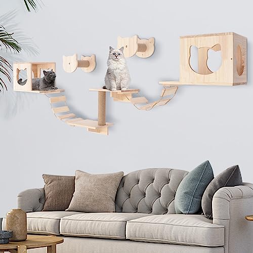 Wall-Mounted Cat Climber Set with Cat Wall Shelves, Scratching Posts, Condo House, Ladder, Perches N673