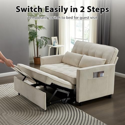 Beige Corduroy Convertible Pull Out Couch with USB Port Y4463