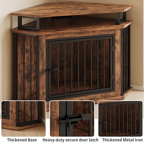 Rustic Brown Corner Wooden Dog Crate with 2-Tier Shelves C660