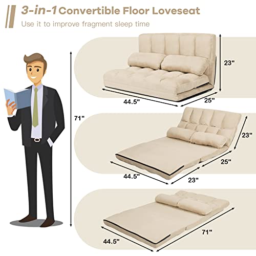 Blue Floor Sofa with 2 Pillows, Foldable 6-Position Adjustable Metal Frame Suede Fabric W423339
