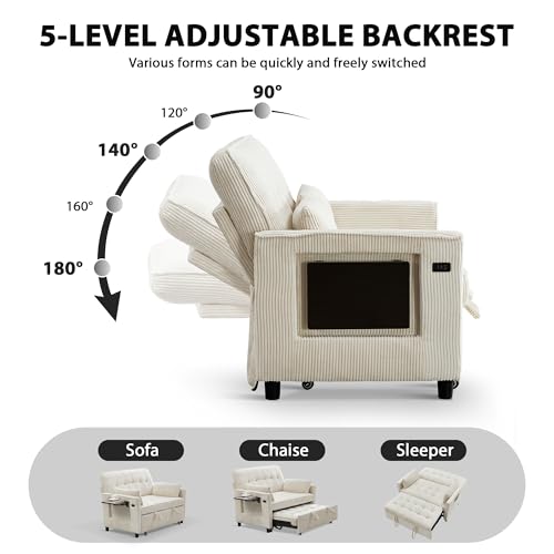 Beige Corduroy Convertible Pull Out Couch with USB Port Y4463
