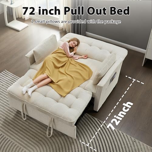 Beige Corduroy Convertible Pull Out Couch with USB Port Y4463