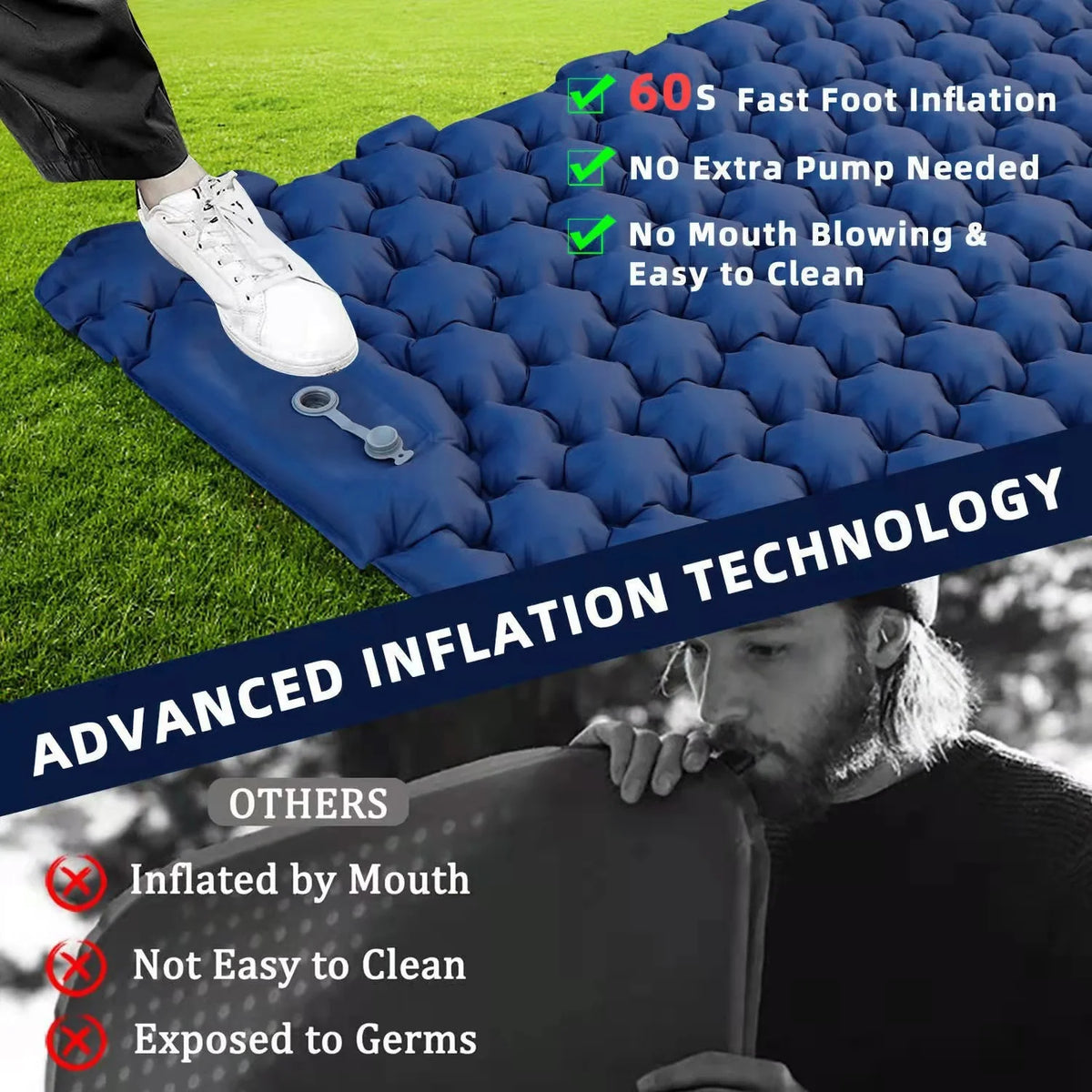 2 Person Camping Mat with Air Pillow Portable Air Mattress Waterproof Sleeping Pad A257