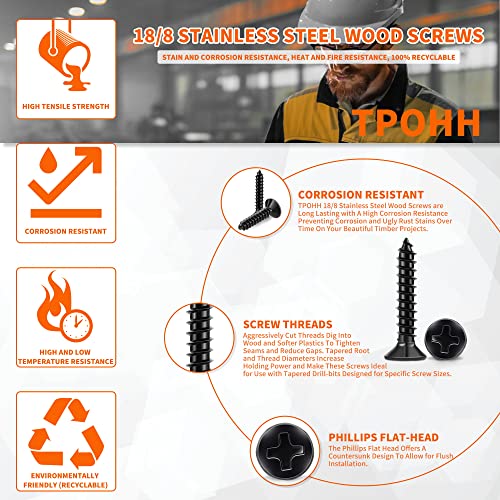 100 PCS #4 X 3/8 inch Stainless Steel Black Coated Flat Head Phillips Wood Screws I41963