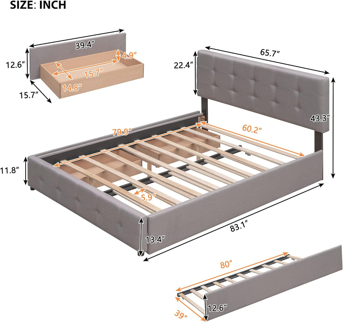 Light Gray Upholstered Platform Bed with Drawers Z52108