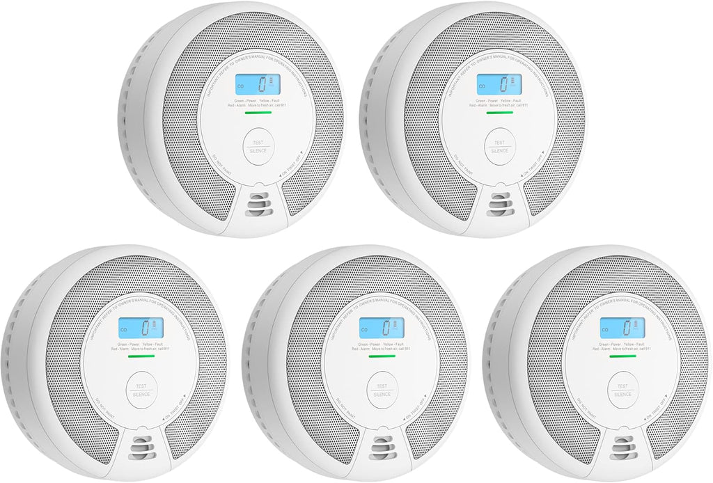 10-Year Battery Smoke and Carbon Monoxide Detector Alarm with LCD Display, Dual Sensor, 5-Pack O9264