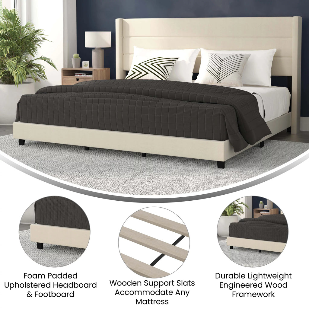 King Platform Bed with Beige Faux Linen Upholstered Headboard P403
