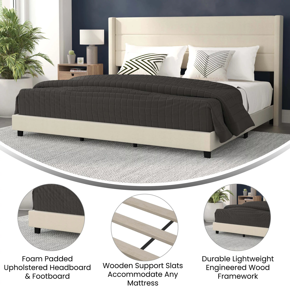 King Platform Bed with Beige Faux Linen Upholstered Headboard P403
