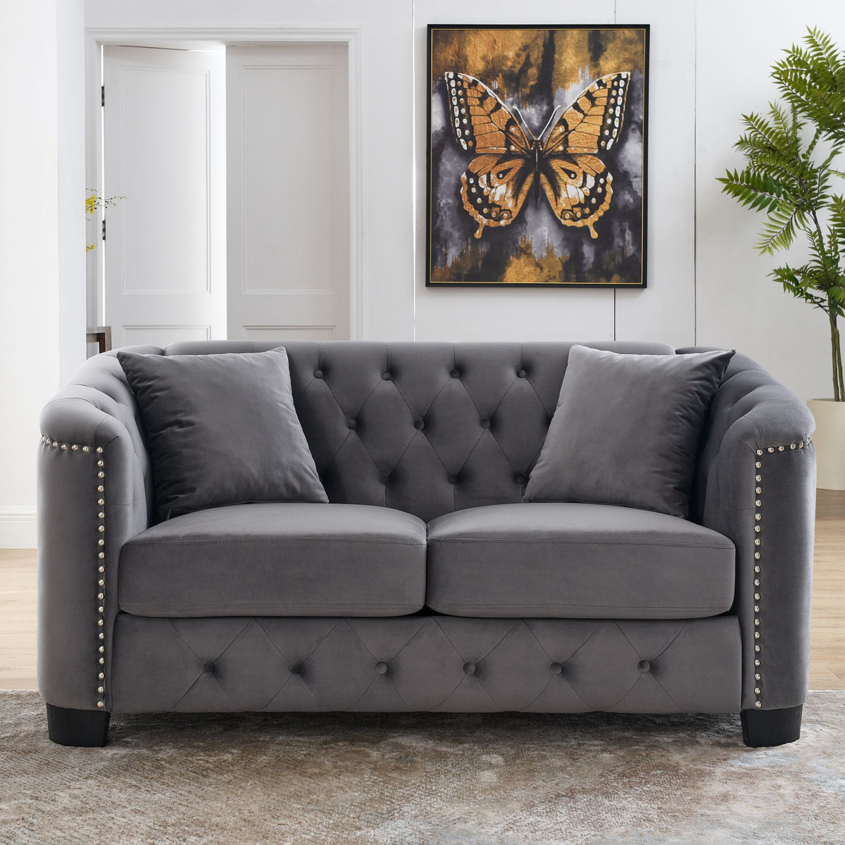 Grey Velvet Small Sofa with 2 Seat Cushions and 2 Throw Pillows U1607