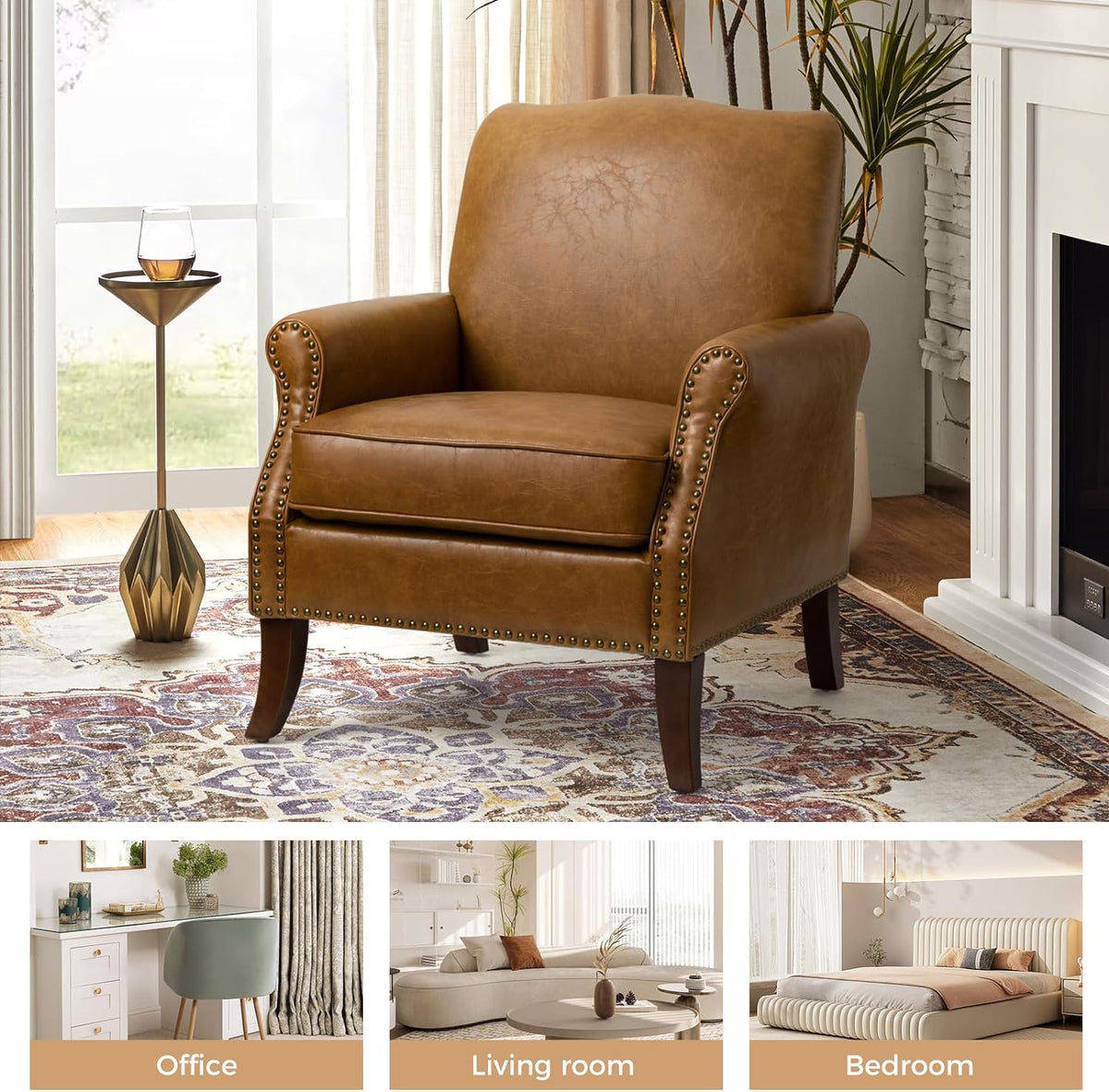 Faux Leather Accent Armchair Set Of 2 with Solid Wood Legs F38918