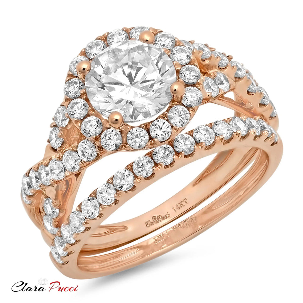 1.92 ct Genuine Cultured Diamond 18K Rose Gold Halo Engagement Ring Set size 3.5 Q8344