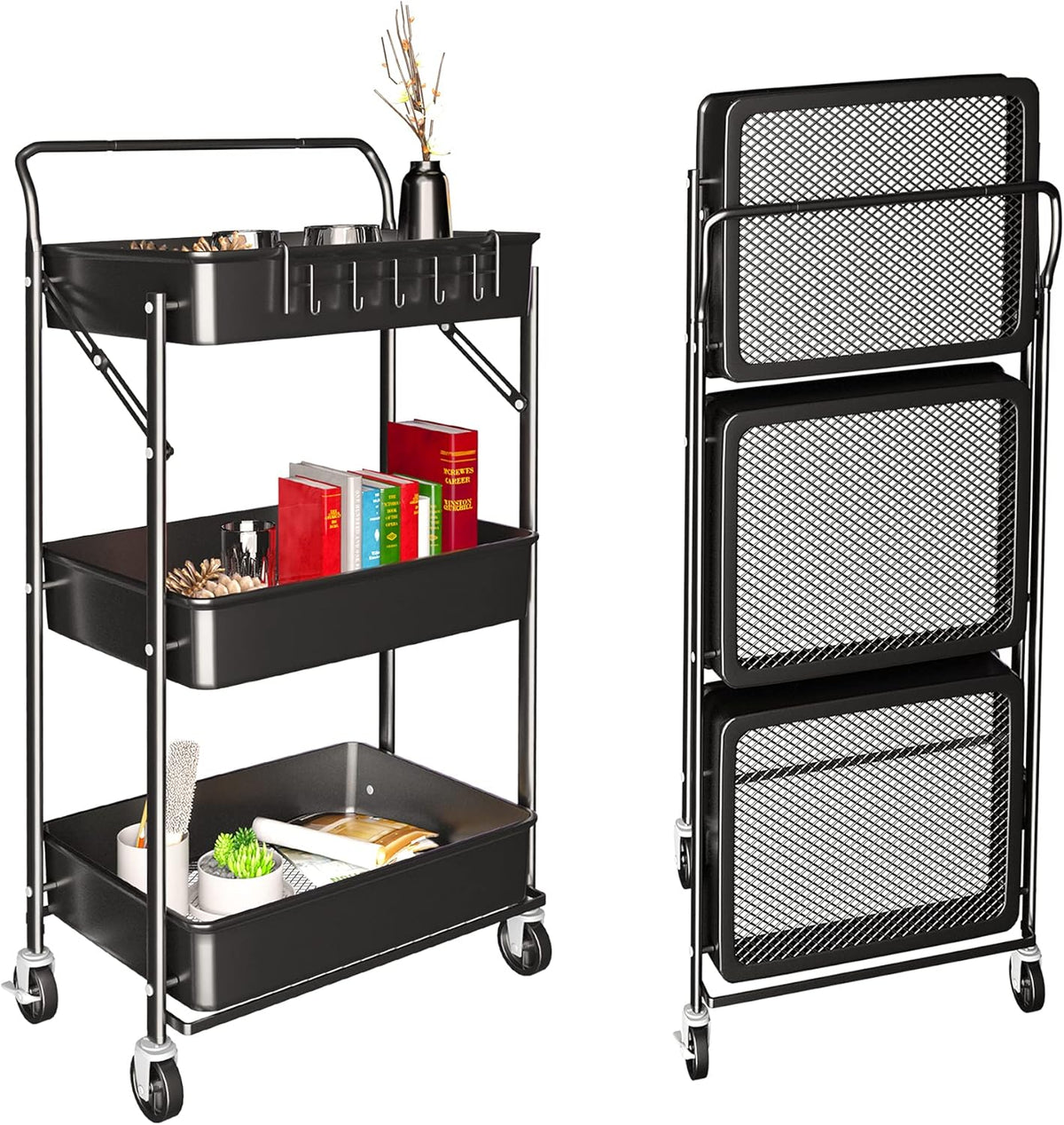 3 Tier Rolling Metal Utility Cart with Wheels (Black) W9102