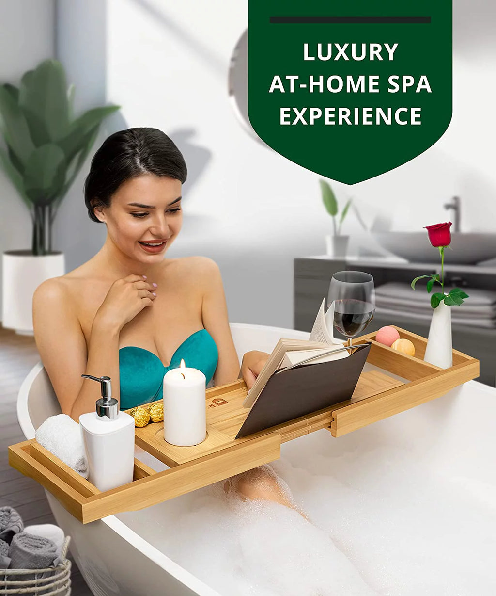 Foldable Bamboo Bathtub Caddy Tray with Extending Sides L843024