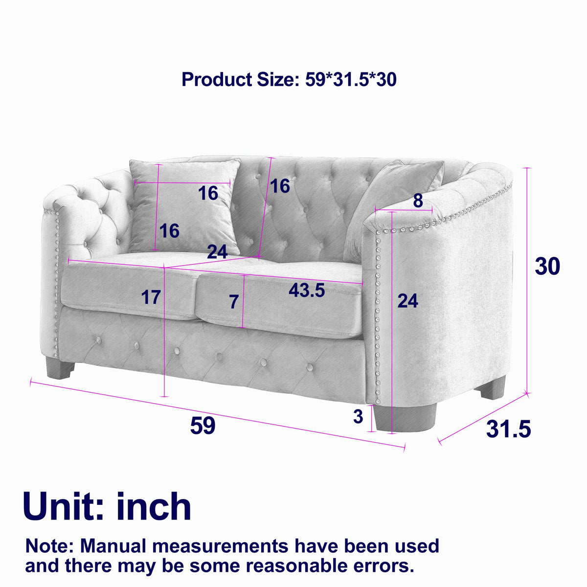 Grey Velvet Small Sofa with 2 Seat Cushions and 2 Throw Pillows U1607