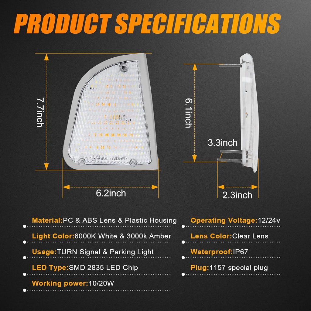 Front LED Turn Signal and Parking Lights Assembly, Amber and White, Clear Lens, Pack of 2 P265