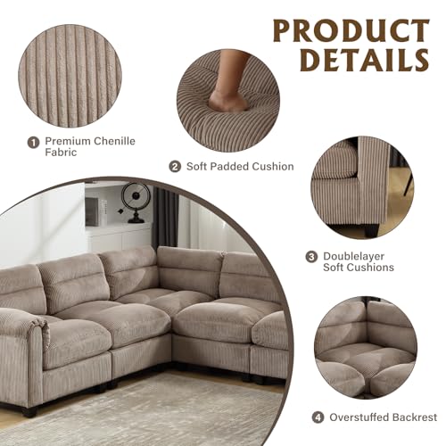 Grey Corduroy L Shaped 6 Seater Sectional Sofa Set Q89745