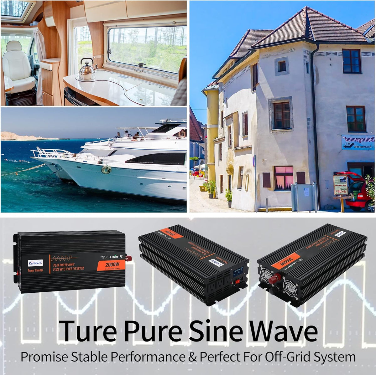 2000W Pure Sine Wave Power Inverter DC 12V to AC 120V with LCD Display Remote Control USB Port V4725