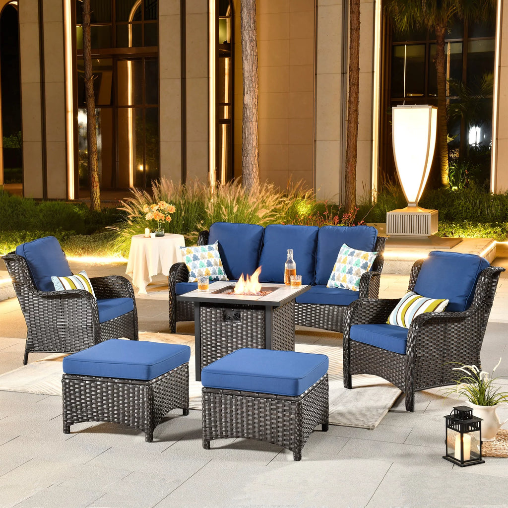 Brown 6 Pieces Outdoor Sectional Sofa with Gas Fire Pit R3401