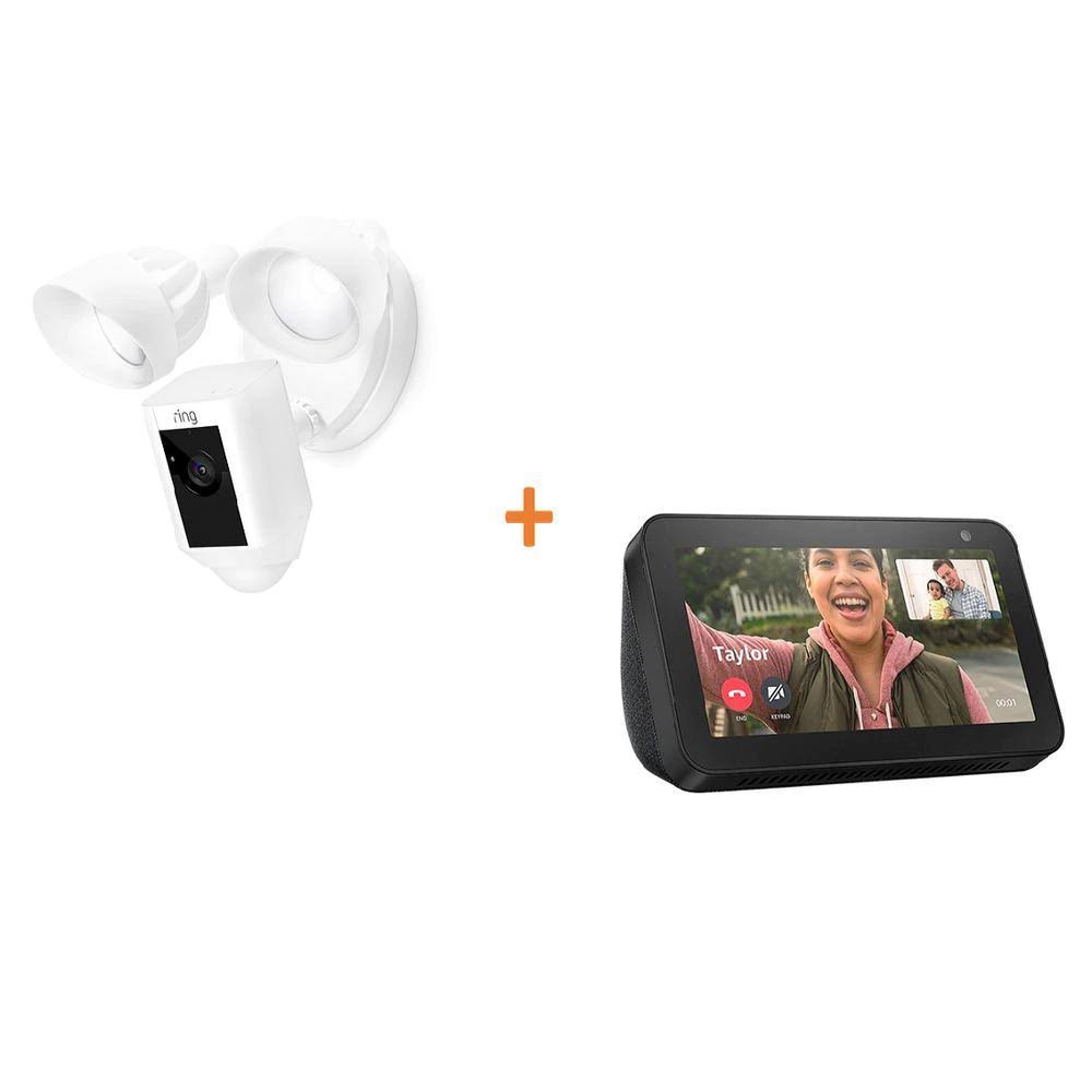 Wired Outdoor Wi-Fi Security Camera with Motion Activated Floodlight in White with Echo Show 5 in Charcoal I77260