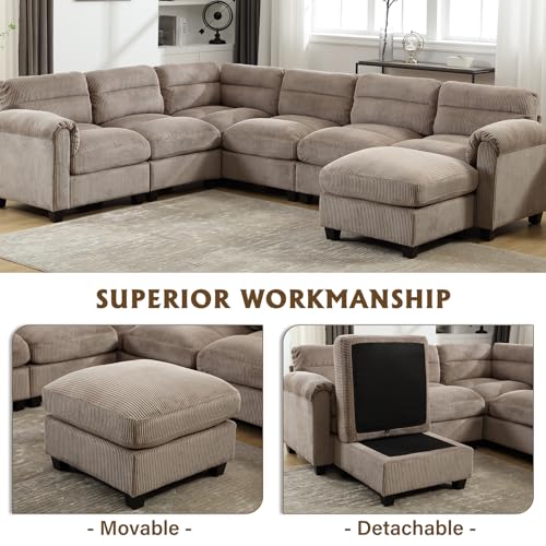 Grey Corduroy L Shaped 6 Seater Sectional Sofa Set Q89745