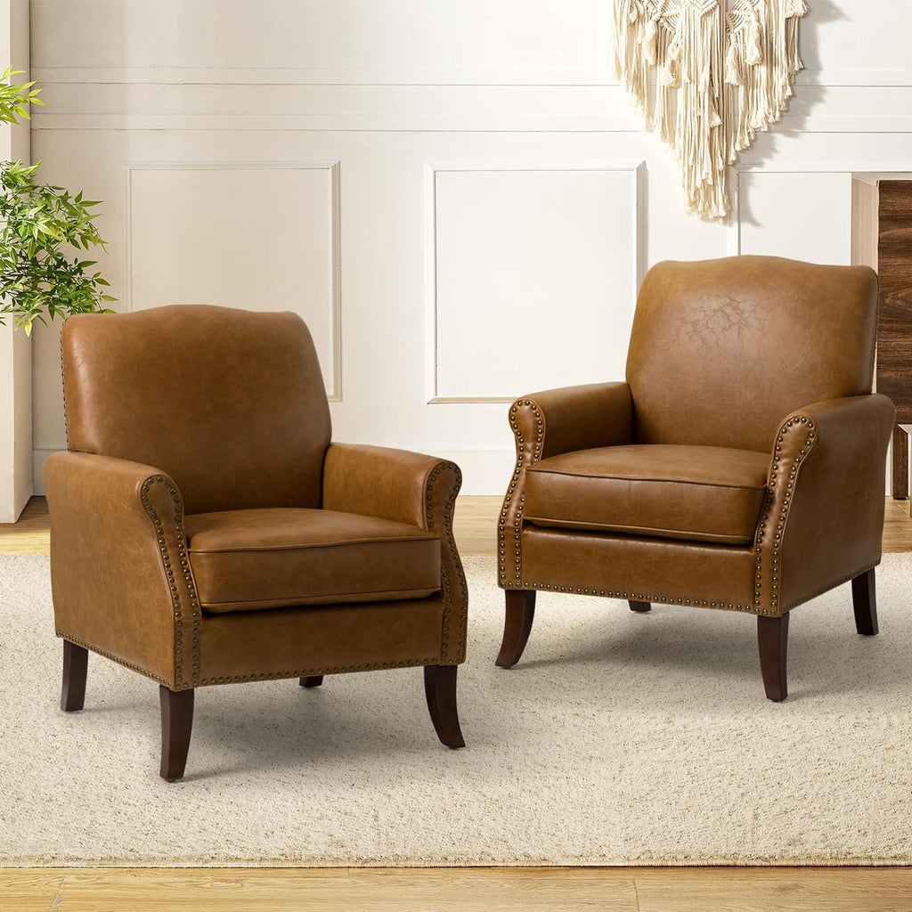 Faux Leather Accent Armchair Set Of 2 with Solid Wood Legs F38918