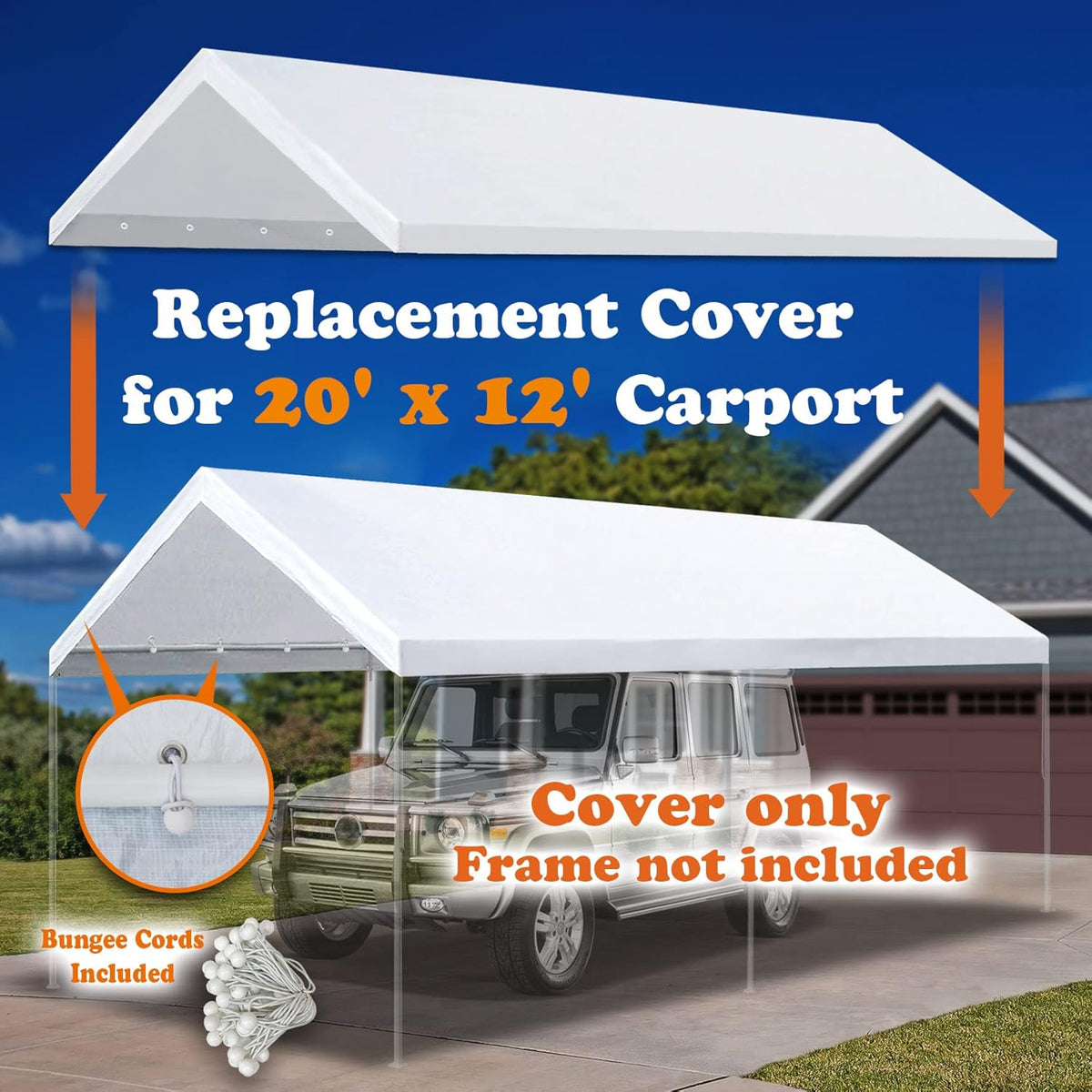 Carport Canopy Cover 12 x 20 Feet Replacement Tent Top Tarp with Ball Bungees R22862