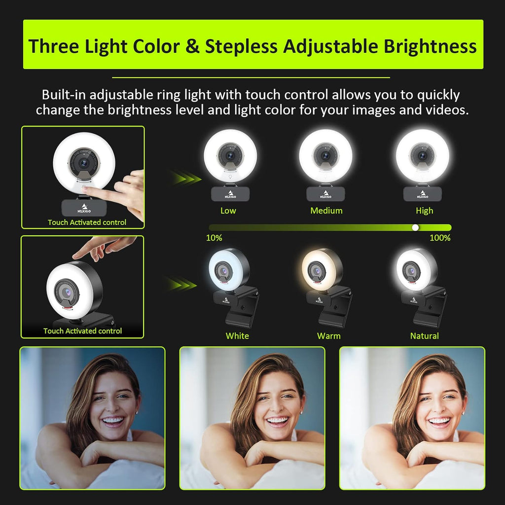 1080P 60FPS Webcam with Light, Fast AutoFocus, Built-in Privacy Cover, Dual Stereo Microphone, Pack of 2 R26146