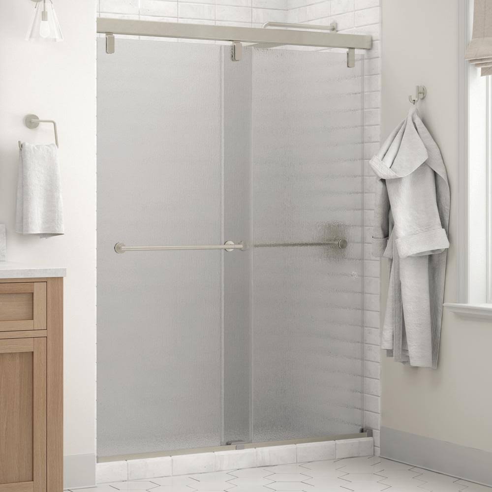 Frameless Sliding Shower Door in Nickel with Rain Glass B7116