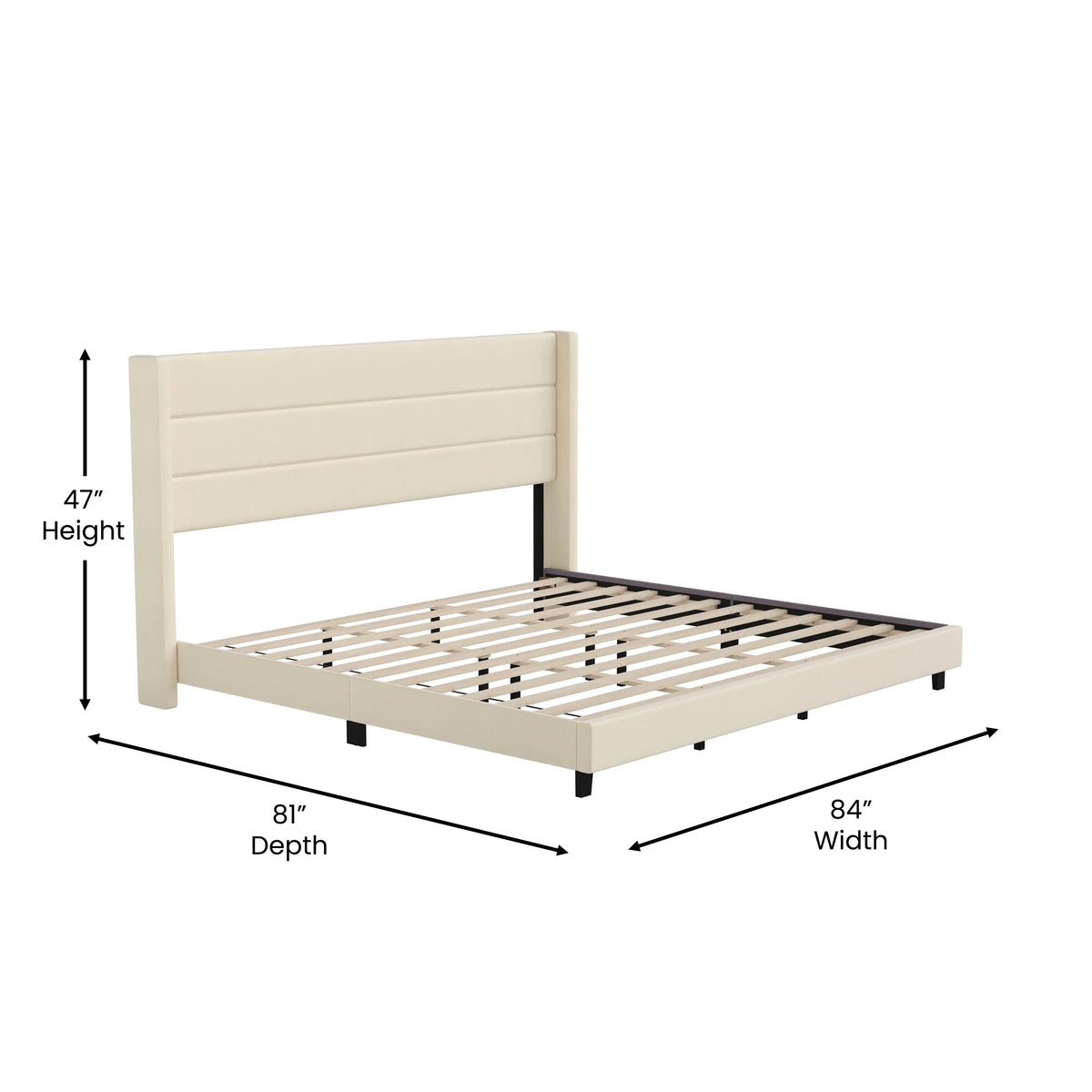 King Platform Bed with Beige Faux Linen Upholstered Headboard P403